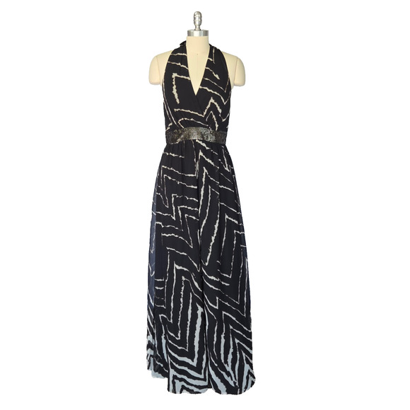 Vintage Y2K Express Black Halter Maxi Dress Size S Ikat Sequins Formal Party - Picture 2 of 11